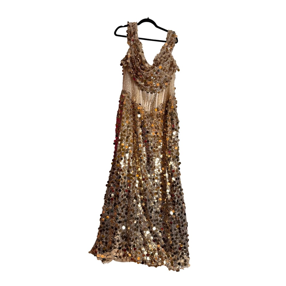 Gold Sequin Paillette Corset Gown Cowl Neck Lace Up Back Formal Maxi Dress